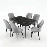 Verona Set Masa Extensibila (Negru Marmura)  80x 135 (80 x 178) Si Scaun 6 Buc, Aur Detalii, Horeca, Bucatarie, Living