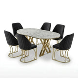Set Masă și 6 Scaune Milano, Stil Elegant, Detalii Aurii, 90x180 cm, Blat Marmorat Alb, Negru
