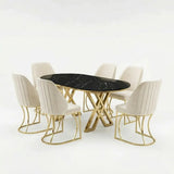Set Masă și 6 Scaune Milano, Stil Elegant, Detalii Aurii, 90x180 cm, Blat Marmorat Negru,Gray