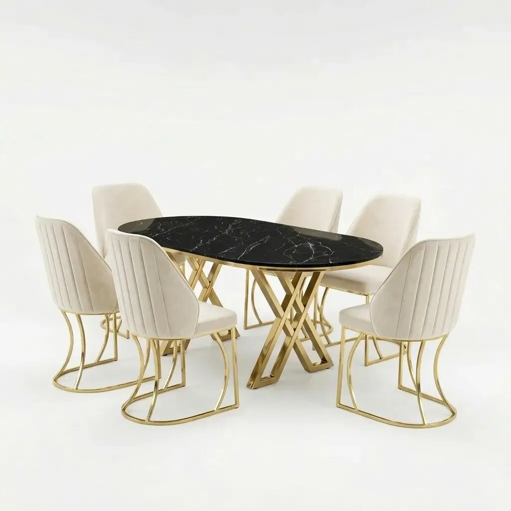 Set Masă și 6 Scaune Milano, Stil Elegant, Detalii Aurii, 90x180 cm, Blat Marmorat Negru, Crem