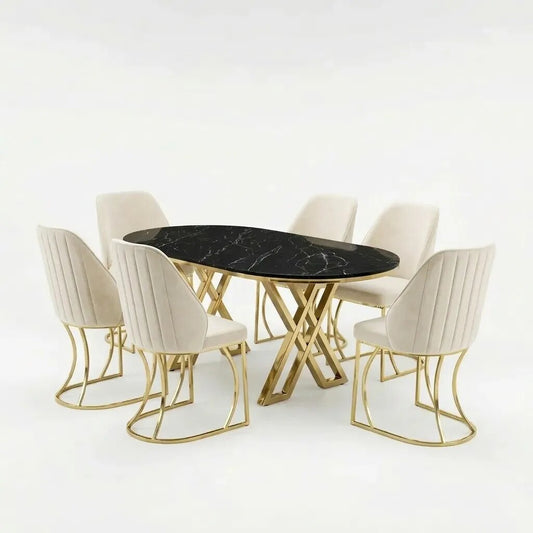 Set Masă și 6 Scaune Milano, Stil Elegant, Detalii Aurii, 90x180 cm, Blat Marmorat Negru, Crem