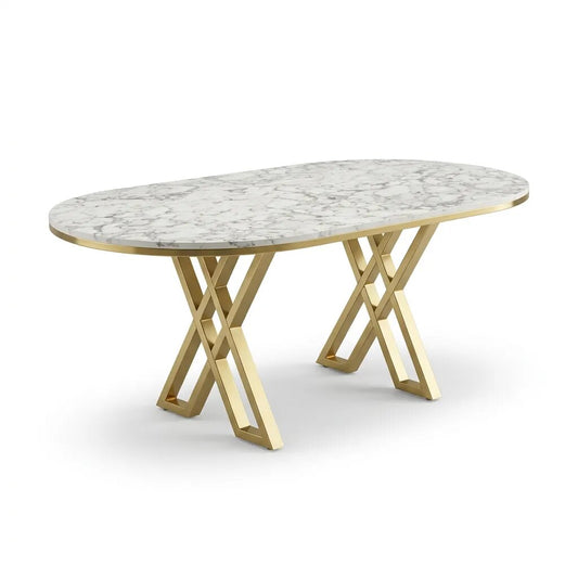 Set Masă și 6 Scaune Milano, Stil Elegant, Detalii Aurii, 90x180 cm, Blat Marmorat Alb, Negru