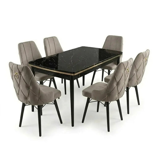 Leo Set Masa Extensibila (Negru Marmura)  80x 135 (80 x 178) Si Scaun 6 Buc