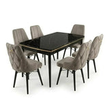 Leo Set Masa Extensibila (Negru Marmura)  80x 135 (80 x 178) Si Scaun 6 Buc