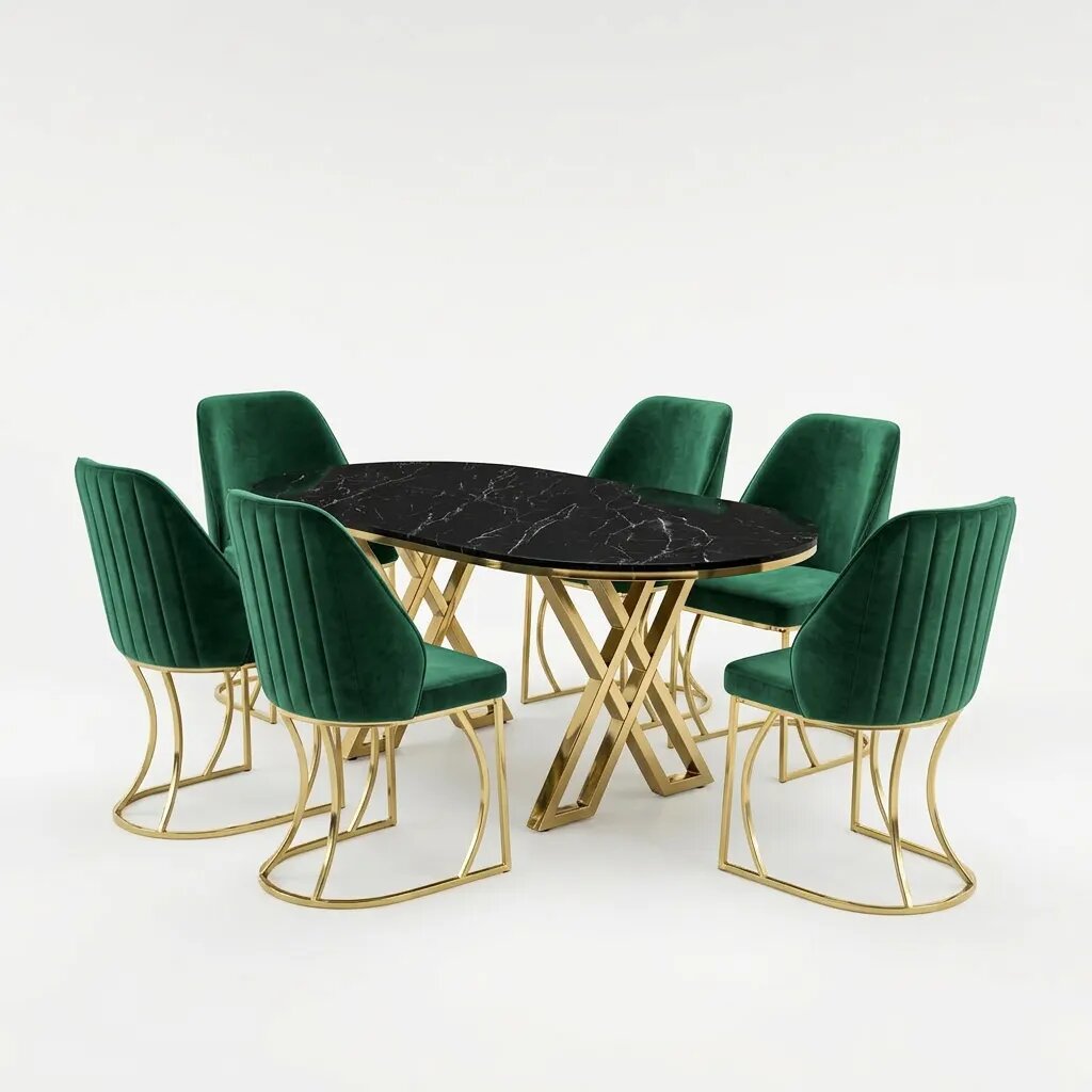 Set Masă și 6 Scaune Milano, Stil Elegant, Detalii Aurii, 90x180 cm, Blat Marmorat Negru, Verde