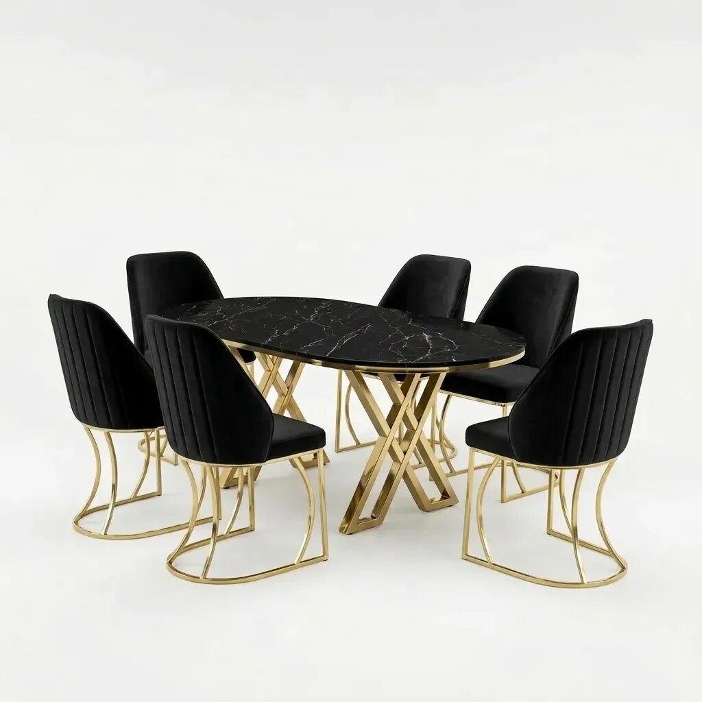 Set Masă și 6 Scaune Milano, Stil Elegant, Detalii Aurii, 90x180 cm, Blat Marmorat Negru,Negru