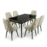 Leo Set Masa Extensibila (Negru Marmura)  80x 135 (80 x 178) Si Scaun 6 Buc