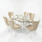 Set Masa si Scaun Oval, Elegant, Bucatarie, Living, Cafenea, Masa Extensibila si Recipient de Depozitare Alb Marmura 80 x 130-170 cm, Textile -Desire Furniture