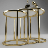 Set Mese de Cafea Rotunde – Design Elegant cu Blat din Sticlă și Structură Metalică Alb- Aur