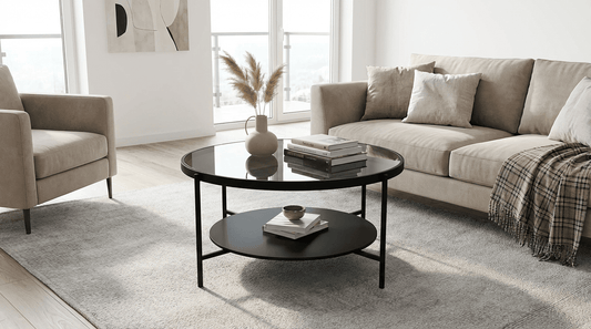 Masă de Cafea Rotundă – Design Modern cu Blat MDF Nanotech și Sticlă Securizată