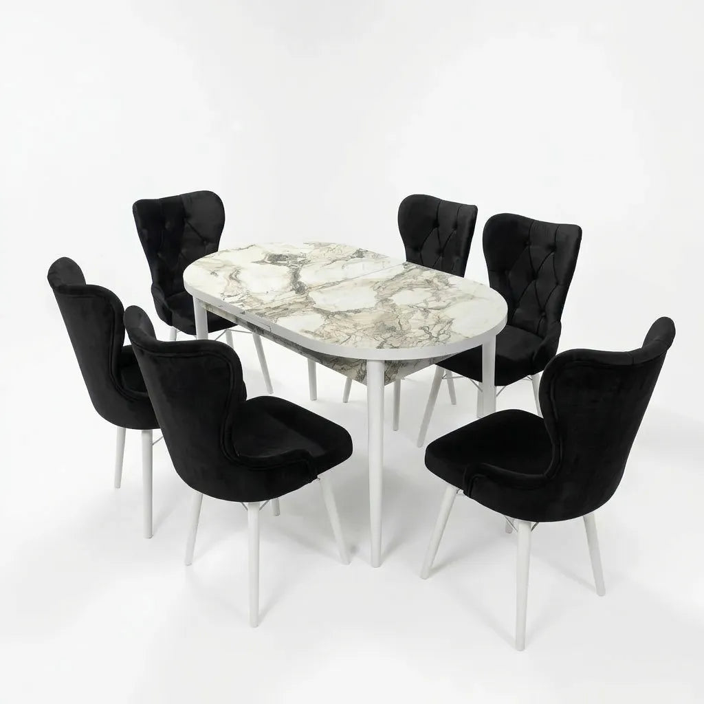 Set Masa si Scaun Oval, Elegant, Bucatarie, Living, Cafenea, Masa Extensibila si Recipient de Depozitare Alb Marmura 80 x 130-170 cm, Textile -Desire Furniture