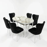 Set Masa si Scaun Oval, Elegant, Bucatarie, Living, Cafenea, Masa Extensibila si Recipient de Depozitare Alb Marmura 80 x 130-170 cm, Textile -Desire Furniture
