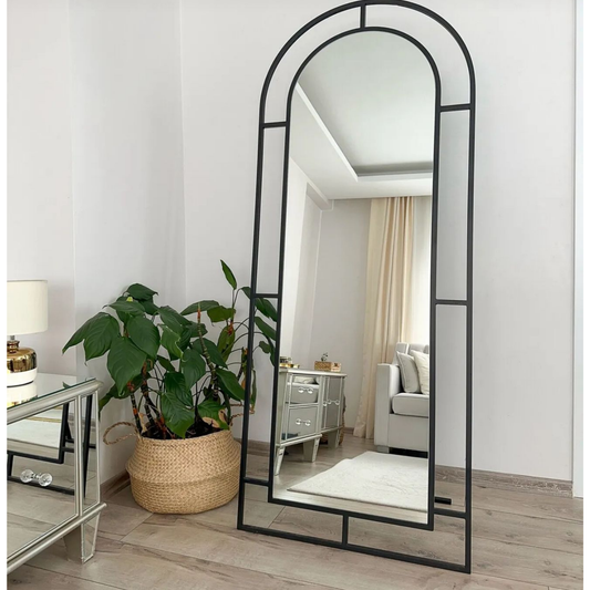 Oglindă pe toată lungimea, cu ramă metalică, model Window, 180x70 cm, cu picior oval, Dormitor, Negru