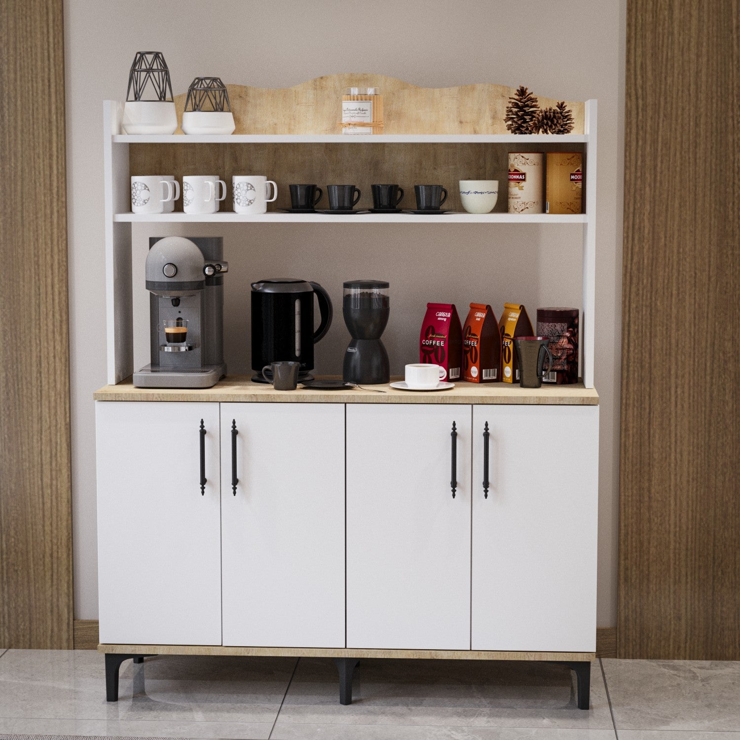 Dulap de Colț pentru Cafea Multifuncțional cu 2 Rafturi – Design Modern, Stejar &amp; PAL Alb Lucios