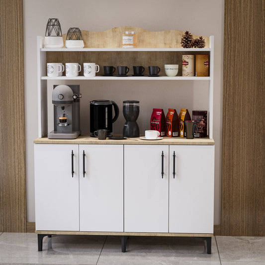 Dulap de Colț pentru Cafea Multifuncțional cu 2 Rafturi – Design Modern, Stejar &amp; PAL Alb Lucios