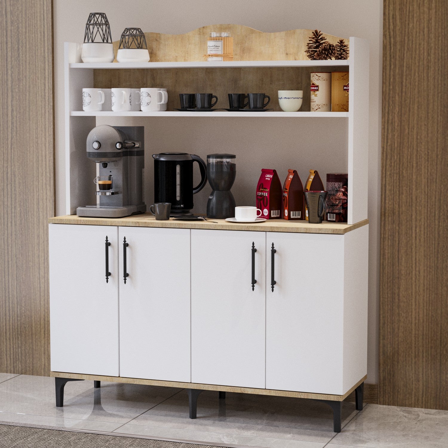 Dulap de Colț pentru Cafea Multifuncțional cu 2 Rafturi – Design Modern, Stejar &amp; PAL Alb Lucios