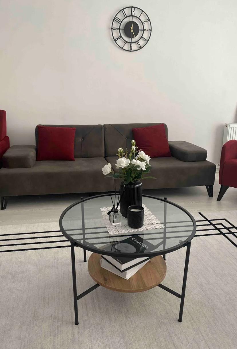 Masă de Cafea Rotundă – Design Modern cu Blat MDF Nanotech și Sticlă Securizată
