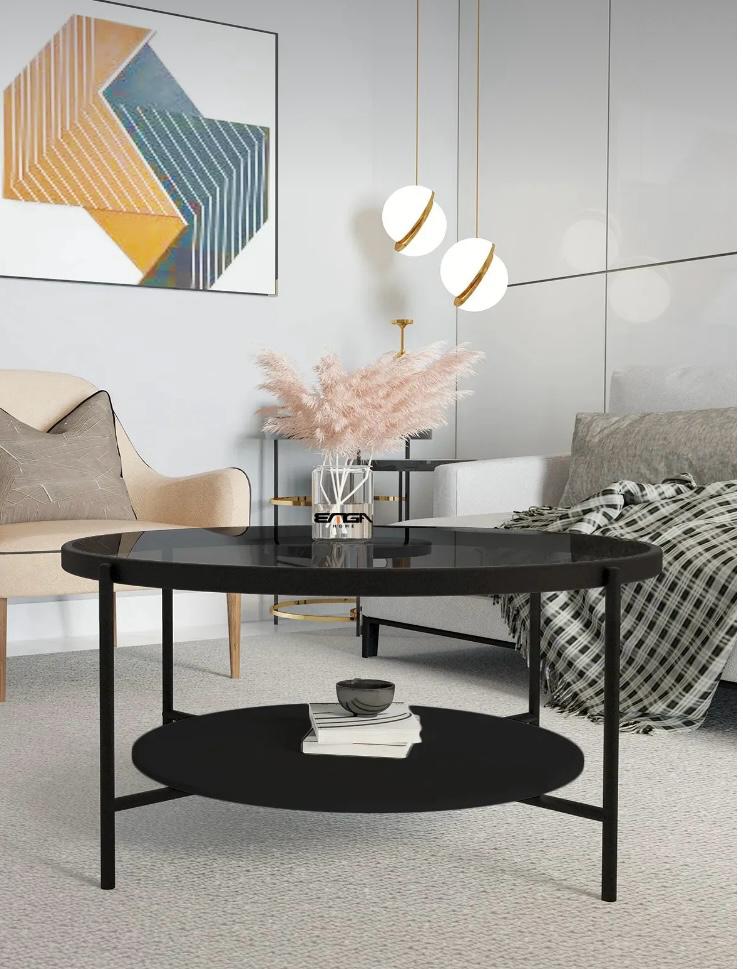 Masă de Cafea Rotundă – Design Modern cu Blat MDF Nanotech și Sticlă Securizată