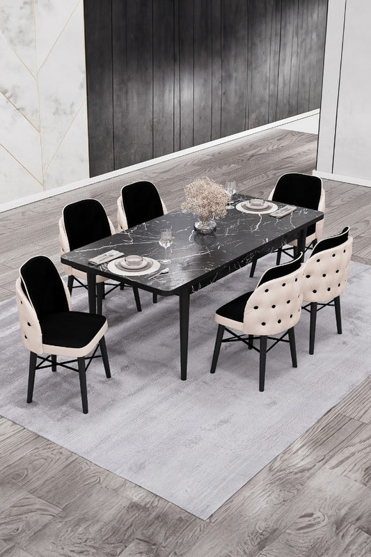 Babyface Alfa Set masa (extensibila) si scaune (2,4 sau 6 bucati) Negru-Crema / Desire Furniture - Desire Furniture