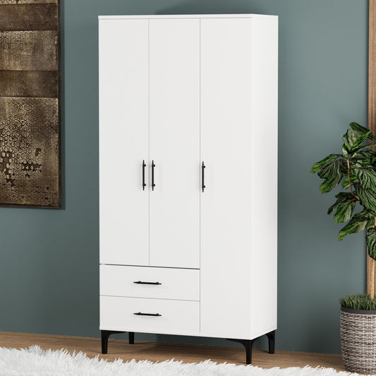 Dulap cu 3 Uși și 2 Sertare – Design Modern, Alb Lucios, PAL Premium