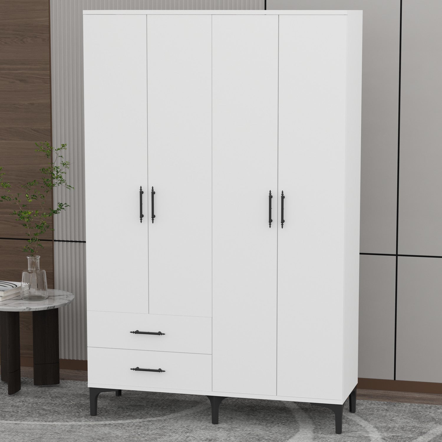 Dulap cu 4 Uși și 2 Sertare – Design Modern, Alb Lucios, PAL Premium