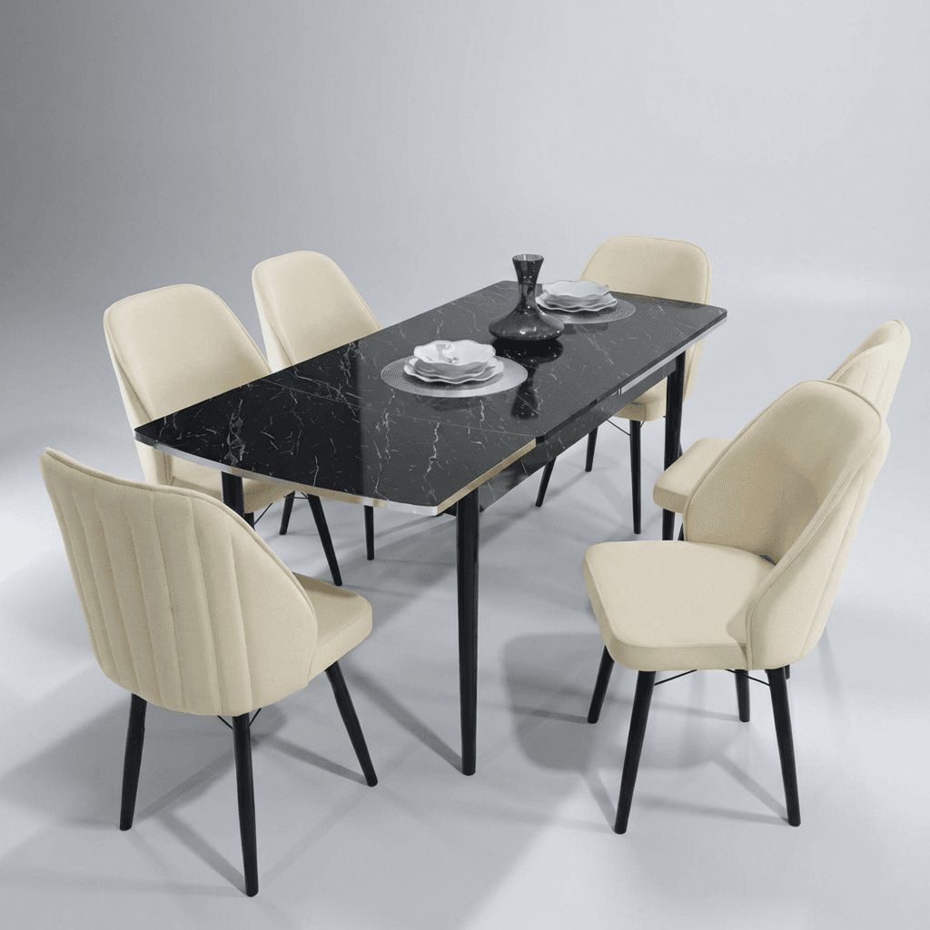 Sormis Set Extensibila 80x 135 (80 x 178) Si Scaun 6 Buc Crem Picior Negru