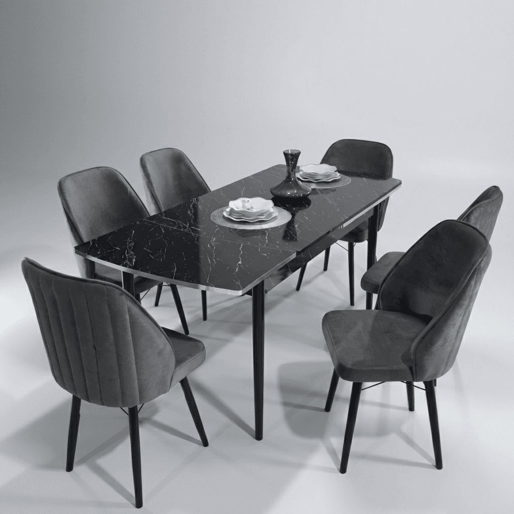 Sormis Set Extensibila 80x 135 (80 x 178) Si Scaun 6 Buc Antracit Gri Picior Negru