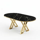 Set Masa şi 6 Scaune Monza, Stil Elegant, Detalii Aurii, 90x180 cm, Blat Marmorat Negru,