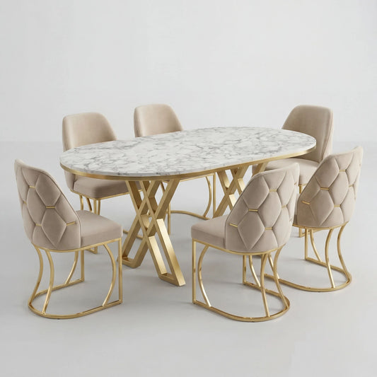 Set Masă și 6 Scaune Fergana, Stil Elegant, Detalii Aurii, 85x160 cm, Blat Marmorat Alb