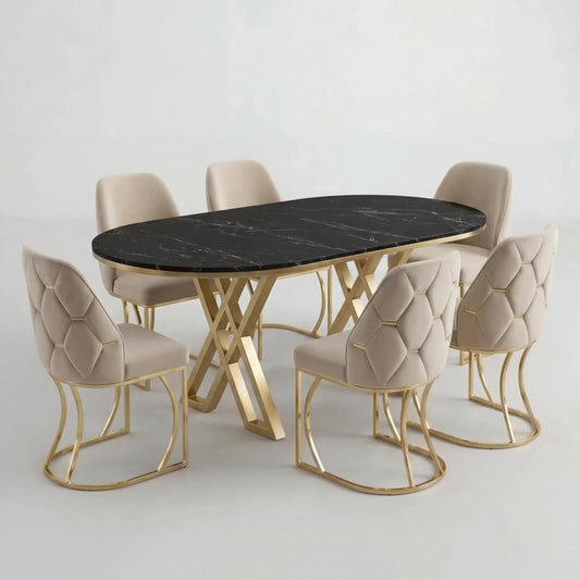 Set Masa şi 6 Scaune Fergana, Stil Elegant, Detalii Aurii, 85x160 cm, Blat Marmorat Negru