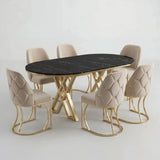 Set Masa şi 6 Scaune Fergana, Stil Elegant, Detalii Aurii, 85x160 cm, Blat Marmorat Negru