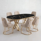 Set Masa și 6 Scaune Set Lucca, Stil Elegant, Detalii Aurii, 85x160 cm, Blat Marmorat Negru