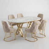 Set Masa și 6 Scaune Set Lucca, Stil Elegant, Detalii Aurii, 85x160 cm, Blat Marmorat Alb