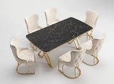Set Masa şi 6 Scaune Luxury Lord, Stil Elegant, Detalii Aurii, 85x160 cm, Blat Marmorat Negru