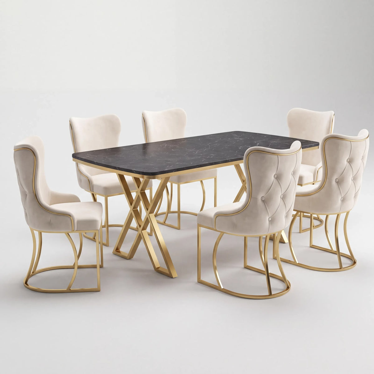 Set Masa şi 6 Scaune Luxury Lord, Stil Elegant, Detalii Aurii, 85x160 cm, Blat Marmorat Negru