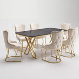 Set Masa şi 6 Scaune Luxury Lord, Stil Elegant, Detalii Aurii, 85x160 cm, Blat Marmorat Negru