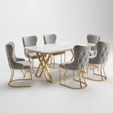 Set Masă și 6 Scaune Luxury Lord, Stil Elegant, Detalii Aurii, 85x160 cm, Blat Marmorat Alb