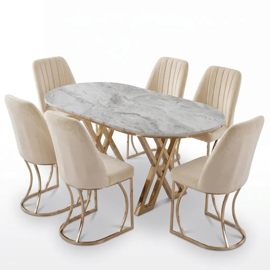 Set Masa şi 6 Scaune Monza, Stil Elegant, Detalii Aurii, 85x160 cm, Blat Marmorat Bermuda Gri
