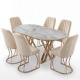 Set Masa şi 6 Scaune Monza, Stil Elegant, Detalii Aurii, 85x160 cm, Blat Marmorat Bermuda Gri
