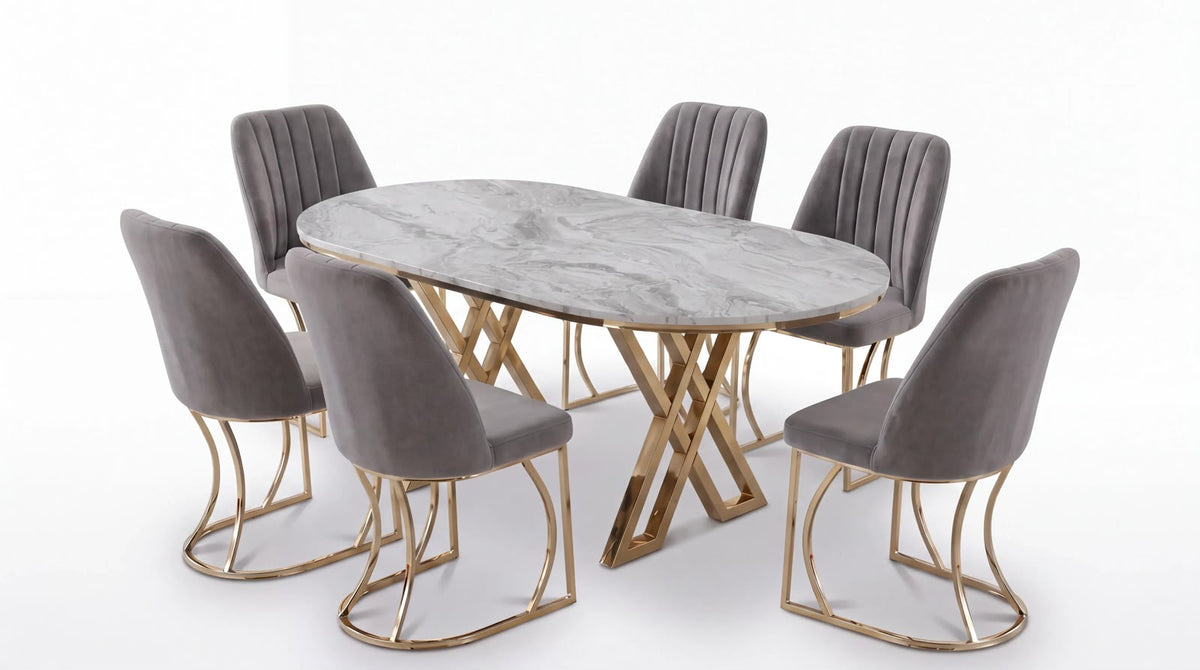 Set Masa şi 6 Scaune Monza, Stil Elegant, Detalii Aurii, 85x160 cm, Blat Marmorat Bermuda Gri