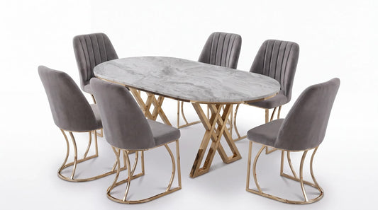 Set Masa şi 6 Scaune Monza, Stil Elegant, Detalii Aurii, 85x160 cm, Blat Marmorat Bermuda Gri