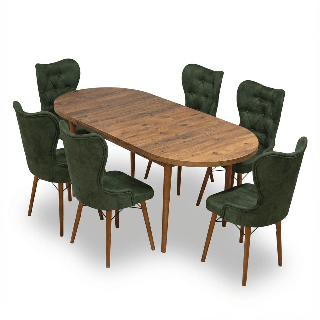 Set Masa si Scaun Oval, Elegant, Bucatarie, Living, Cafenea, Masa Extensibila si Recipient de Depozitare Pine 80 x 130-170 cm, VerdeTextile -Desire Furniture