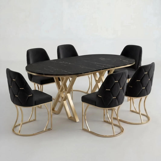 Set Masa şi 6 Scaune Fergana, Stil Elegant, Detalii Aurii, 85x160 cm, Blat Marmorat Negru