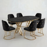 Set Masa şi 6 Scaune Fergana, Stil Elegant, Detalii Aurii, 85x160 cm, Blat Marmorat Negru