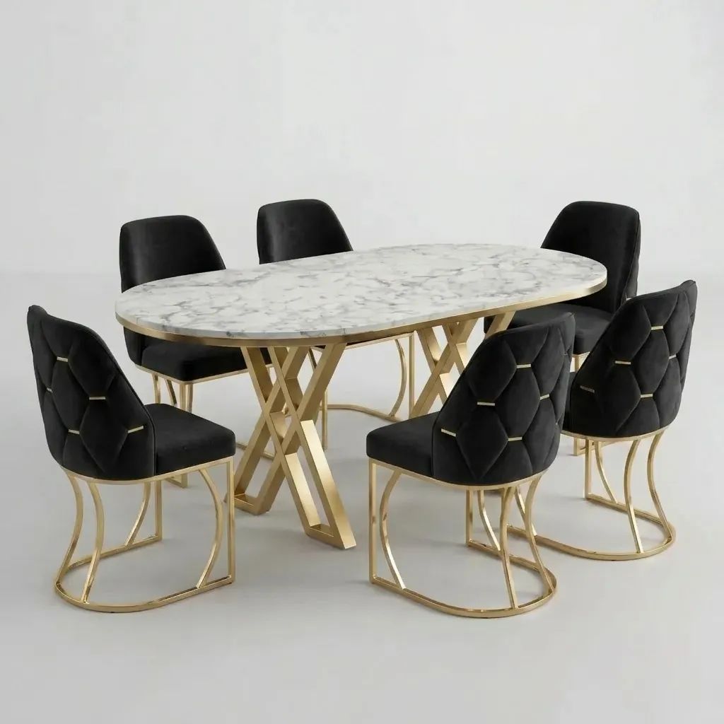 Set Masă și 6 Scaune Fergana, Stil Elegant, Detalii Aurii, 85x160 cm, Blat Marmorat Alb