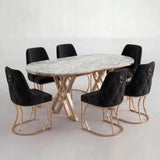 Set Masa și 6 Scaune Set Lucca, Stil Elegant, Detalii Aurii, 85x160 cm, Blat Marmorat Alb