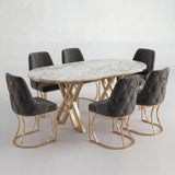 Set Masa și 6 Scaune Set Lucca, Stil Elegant, Detalii Aurii, 85x160 cm, Blat Marmorat Alb