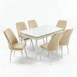 Verona Set Masa Extensibila (Marmura Alba)  80x 135 (80 x 178) Si Scaun 6 Buc, Aur Detalii, Horeca, Bucatarie, Living