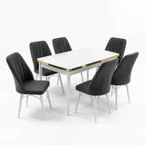Verona Set Masa Extensibila (Marmura Alba)  80x 135 (80 x 178) Si Scaun 6 Buc, Aur Detalii, Horeca, Bucatarie, Living