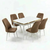 Verona Set Masa Extensibila (Marmura Alba)  80x 135 (80 x 178) Si Scaun 6 Buc, Aur Detalii, Horeca, Bucatarie, Living